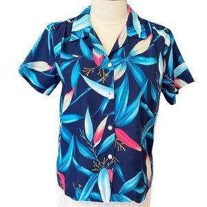 80s Vintage Orchid Fashions Blue Red Bamboo Print Polyester Short Sleeve Blouse